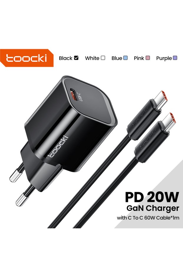 toocki KR Black with cable Toocki PD 20W Type C GaN Charger Fast Charging For iPhone 17 16 Pro Max S