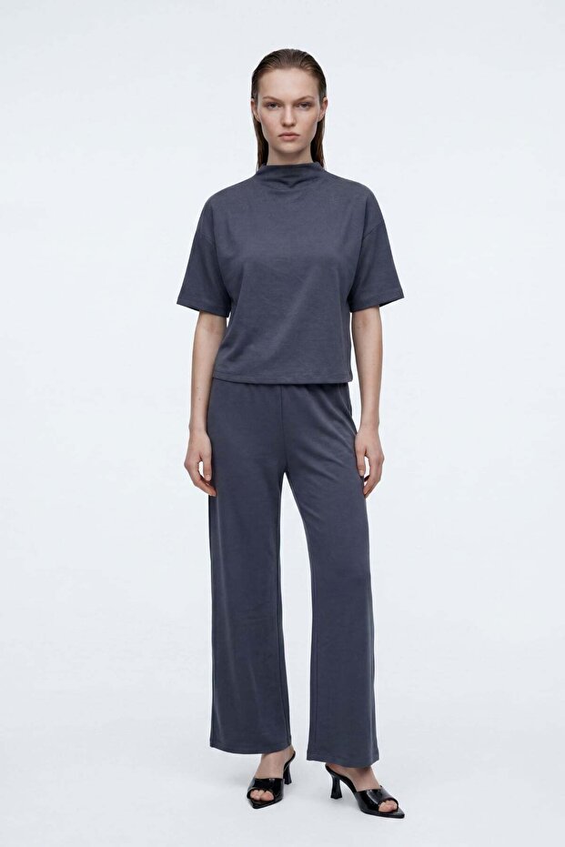 Relaxed Low Sleeve Short Sleeve Lined Tube Leg Interlock Knitted Top and Bottom Set