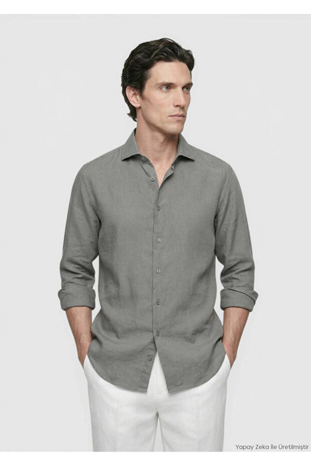 Anthracite Plain Casual Fit Long Woven Casual 100% Linen Shirt