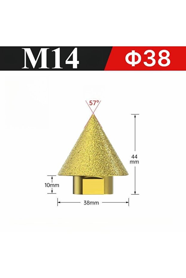 ريشة حفر مخروطية ماسية لتشطيب وتوسيع وطحن الحواف، بقطر 38 مم، متوافقة مع مسامير M14 و M10/M14، بطول 38/50 مم