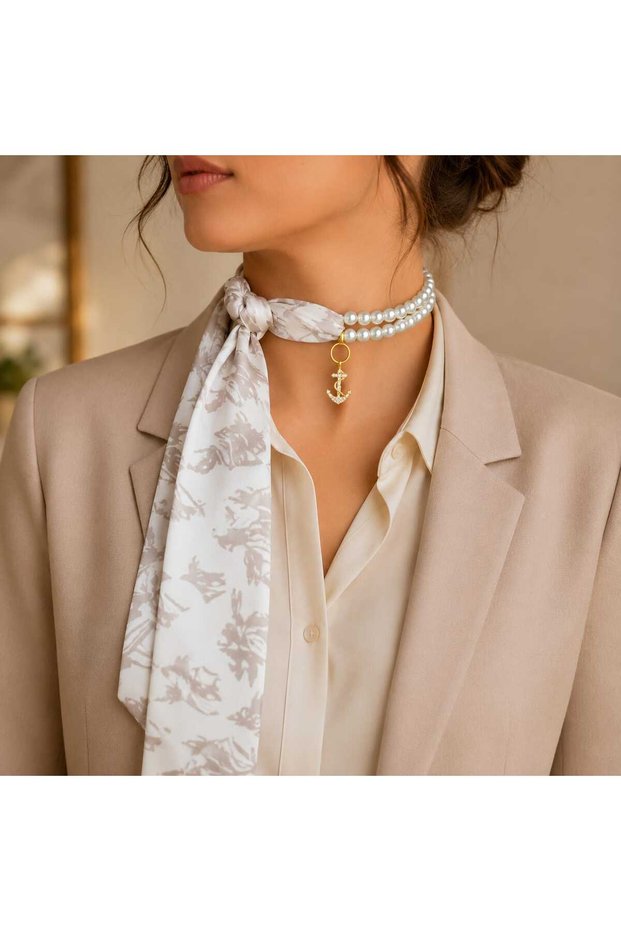 Pearl Necklace,Pearl Scarf Necklace,Scarf,Handbag Scarf,Handbag Charm,Multi-Purpose Accessory,Jewelry,Necktie,Ship Anchor Figured