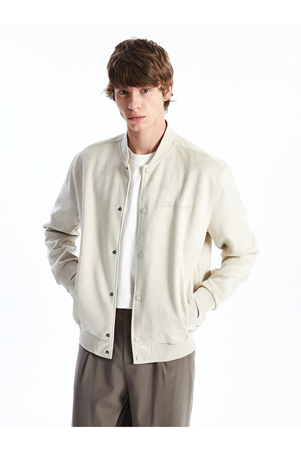 Gray College Collar Men's Bomber Leather Look Jacket
