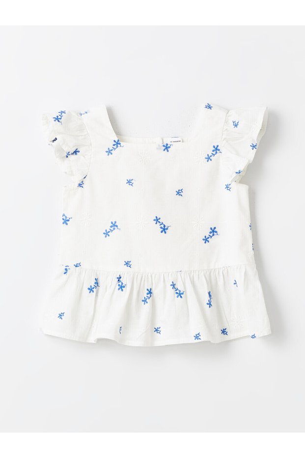 Nevavm with Difference Square Collar Short Sleeve Embroidered Baby Girl Blouse