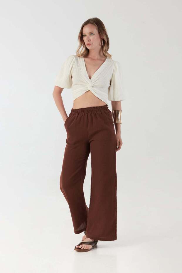 Elastic Waist Pocket Linen Trousers