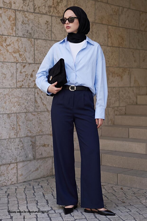 High Waist Pleated Navy Blue Palazzo Pants