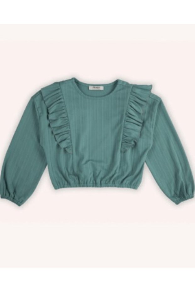 Girl's Ruffle Detailed Elastic Waist Long Sleeve T-Shirt 3-14 Years Green