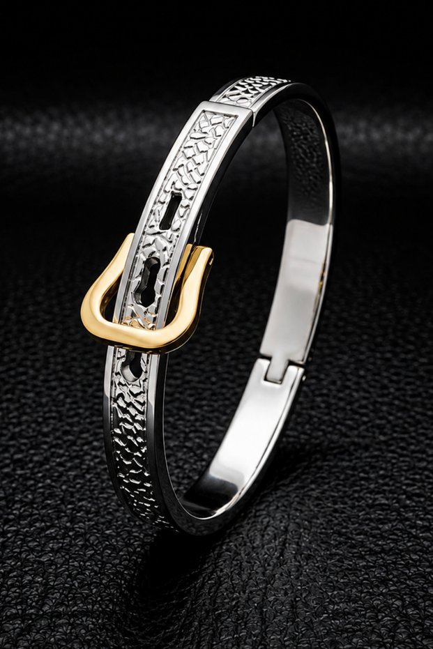 Women's Men's Steel Bracelet Double Color Belt Detailed Stone Patterned Handcuff Steel Bracelet