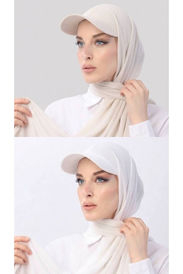 2 Pcs Ready-Made Shawl Hijab with Hat and Bonnet Sandy