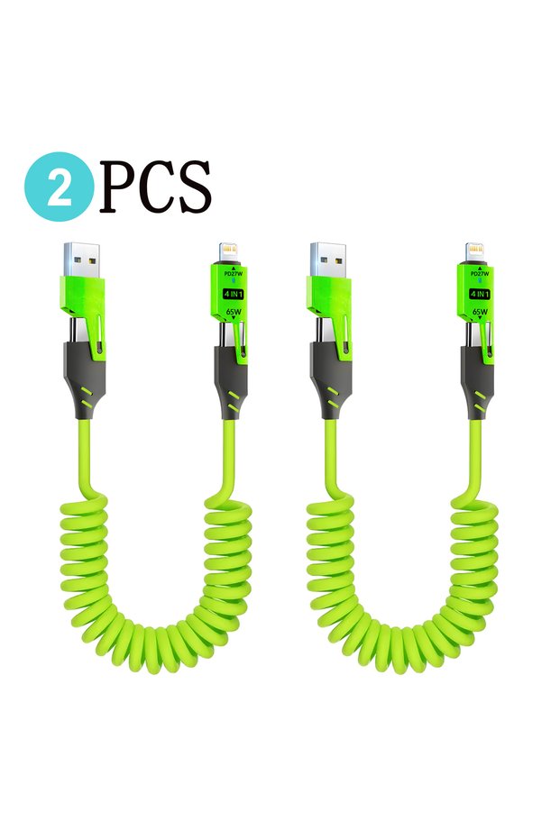 1.5 متر 2 قطعة - أخضر 1-2 قطعة كابل بيانات ربيعي سريع الشحن 65 وات كابل USB قابل للسحب من النوع C لأجهزة iPhone H