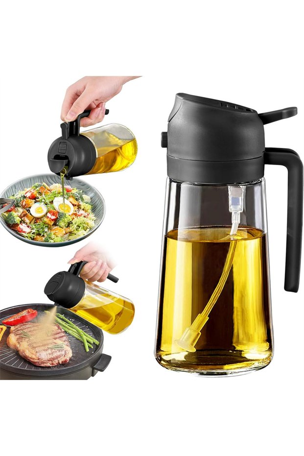 black 16oz/470ML Glass Oil Dispenser with Automatic Flip Lid 2in1 Kitchen Bottle,Cooking Sprayer,Le