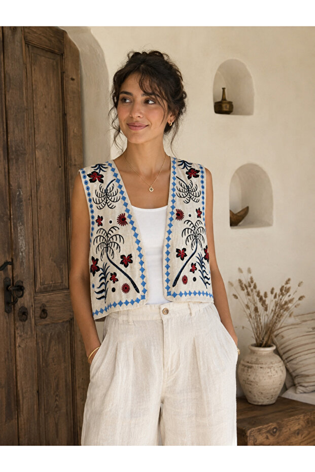 Studio Bohemian Embroidered Linen Women's Vest - Ethnic Embroidered Oversized Vest