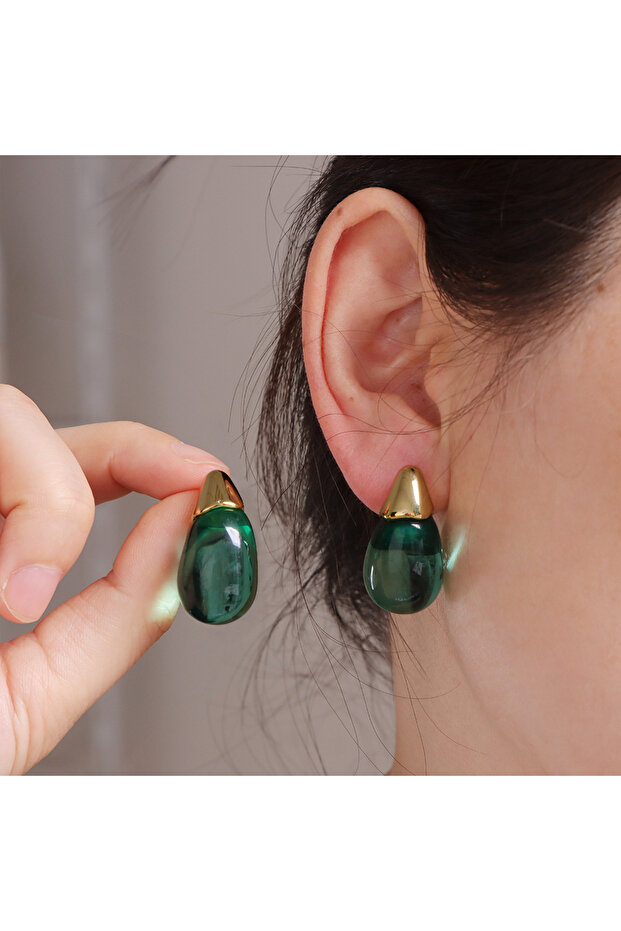 green Simple Water Drop Transparent Color Resin Stud Earrings Trendy Stainless Steel Earring For Wom