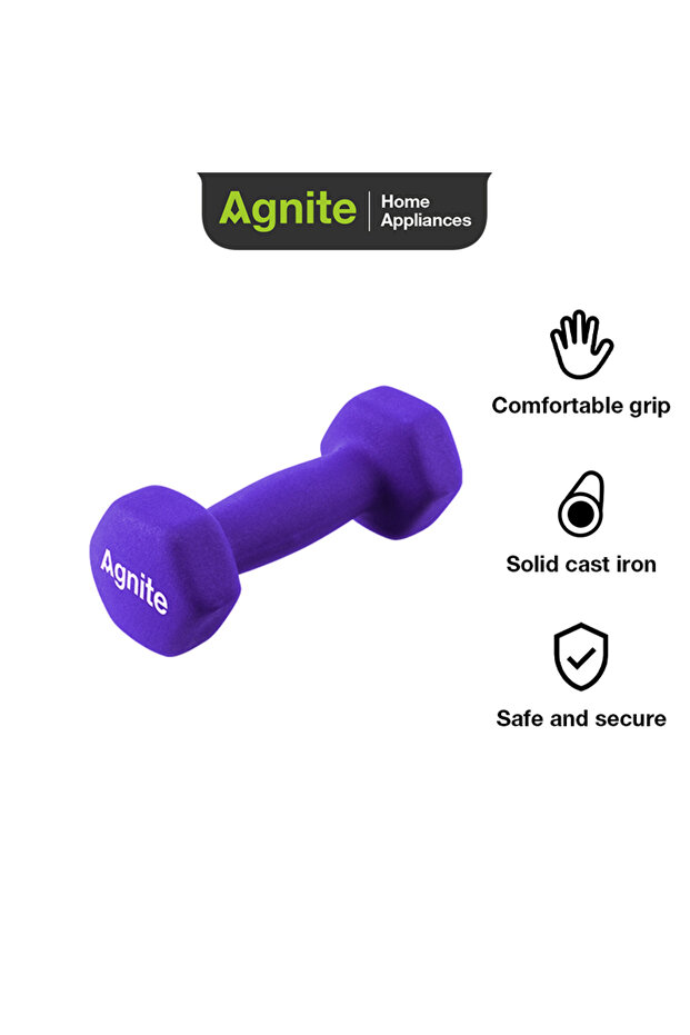 Agnite ER081 Neoprene Dumbbell Single 1Kg 1 piece, Solid Cast Iron Hand Weights With Non-Slip Grip, Hexagonal Design For Home Workouts, Strength Training & Fitness, Purple Color.