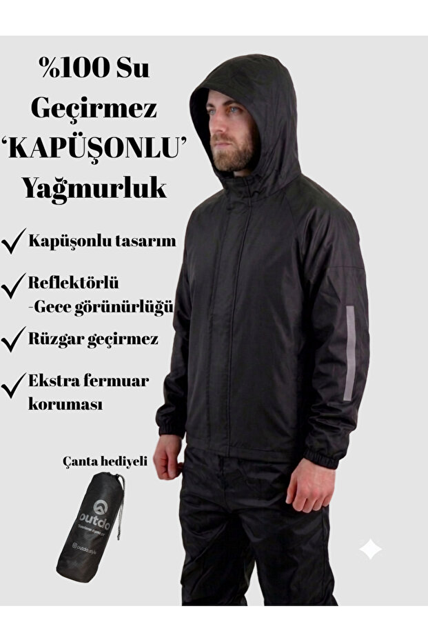 Hooded Biker Raincoat with Hat, Water and Wind Resistant, Reflective