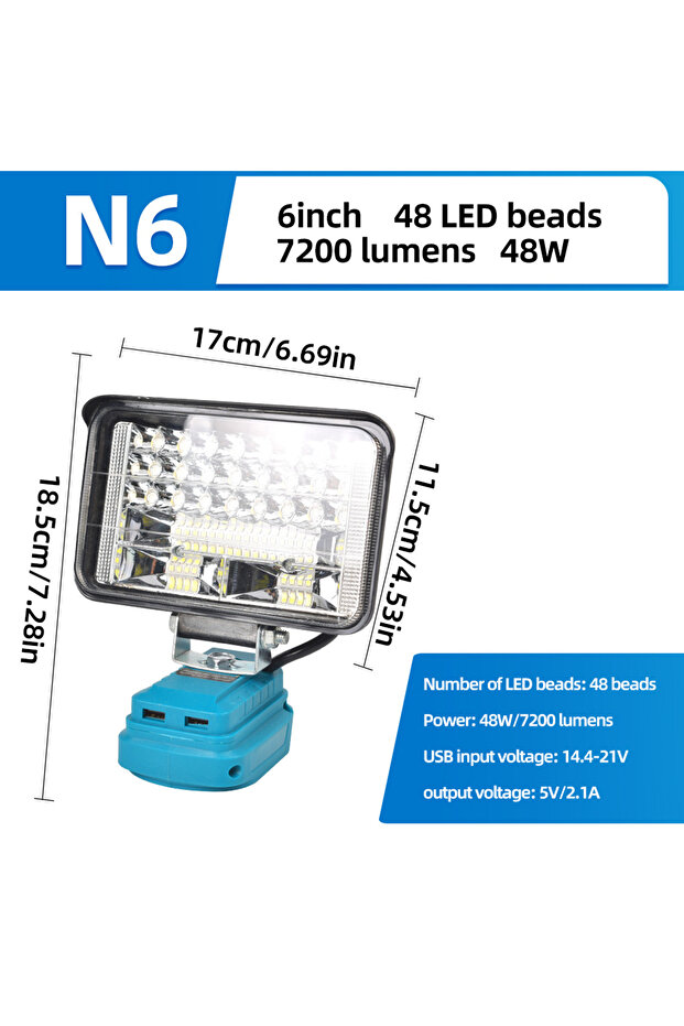 مصباح عمل LED مقاس 6 بوصات لكشاف ماكيتا المحمول مع منفذ USB، كشاف إضاءة مناسب