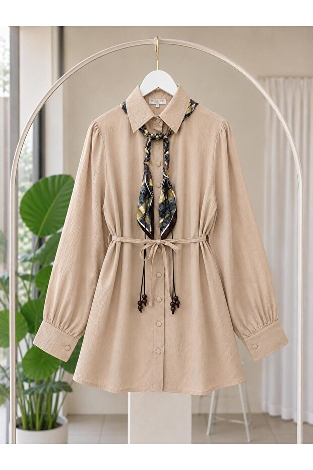 Apolet Detailled Scarfed Belted Wide Sleeved Loose Tunic[Get One Small, 82 cm Medium, Wide Fit]