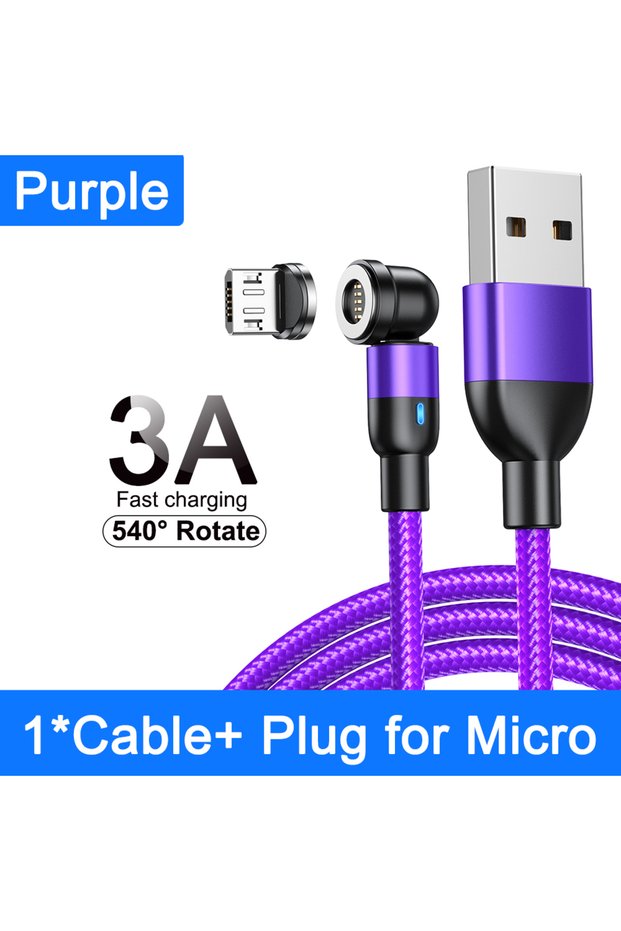 2m Purple For Micro AUFU 540 Rotate Magnetic Cable Fast Charging Type C Cable For IPhone16 POCO Redm