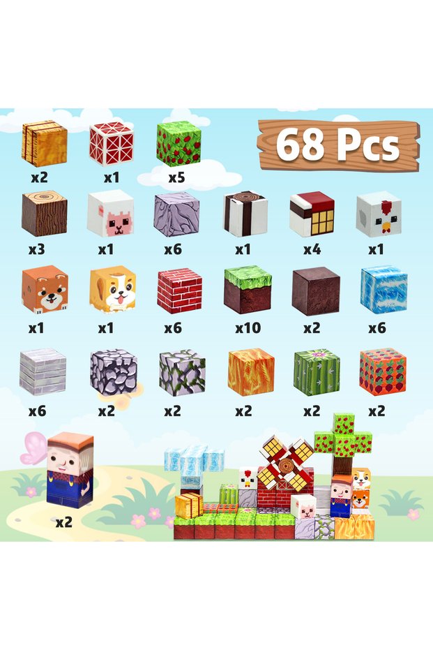 68PCS Magnetic Building Blocks Farm For Kids Boys Girls Ages 3+ Magnet Cube Set STEM Montessori Sens