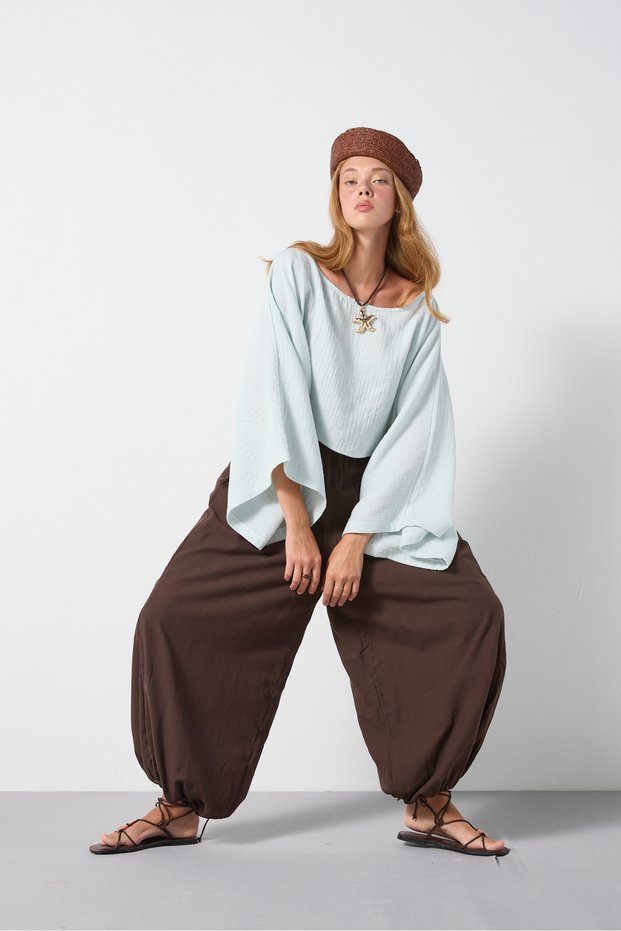 Lined Voile Elastic Waist Shalwar Trousers Brown 31179