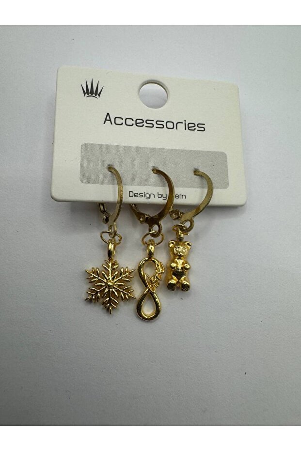 3-Piece Women's Earring Set with Gold Color Snowflake, Infinity and Teddy Bear Figures – Elegant and Stylish