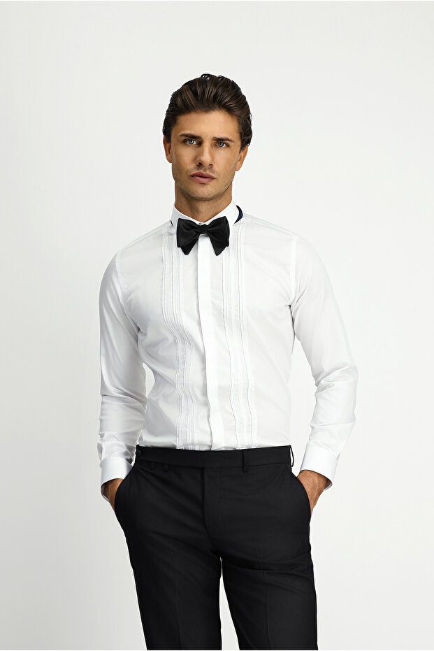 Long Sleeve Slim Fit Slim Fit Non Iron Classic Pleated Cotton Shirt