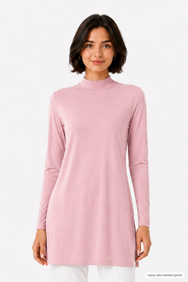 Viscose High Collar Tunic -Powder