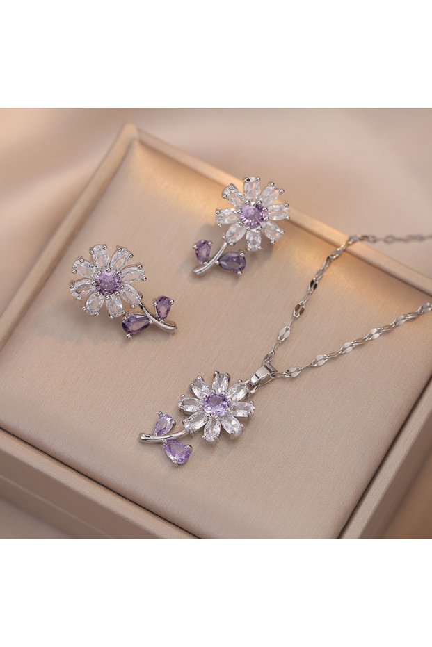 03 Ins Plant Sunflower Stud Earrings Pendants Silver Gold Color Chains Necklaces For Women Purple Zi