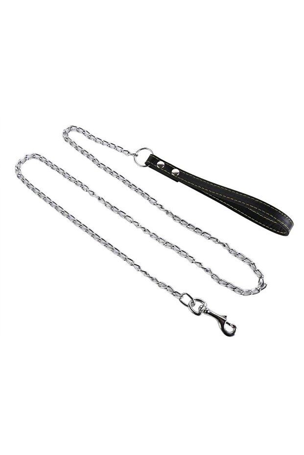 Black Heavy Duty Metal Chain Dog Lead With Leather Handle Long Strong Control Leash Outdoor Pet Trac