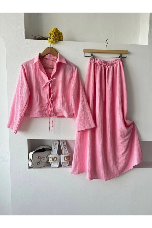 Women's Shirt Collar Lace-Up Seersucker Textured Two-Piece Set Long Sleeve Flared Skirt Combination