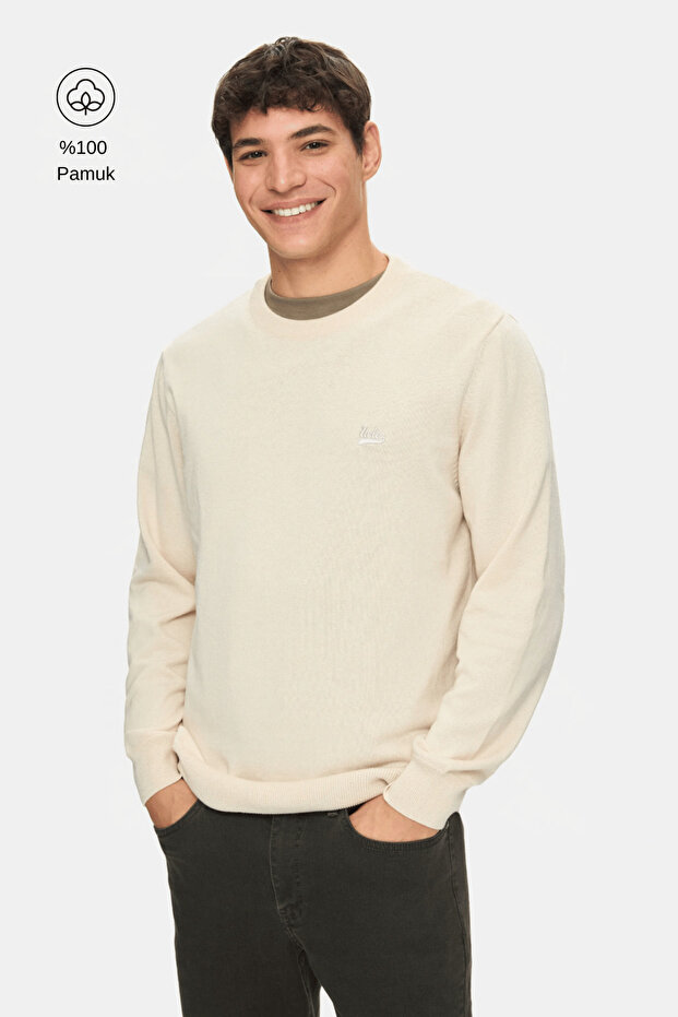 Sento Bone Color Crew Neck Embroidered Standard Fit Men's Knitwear