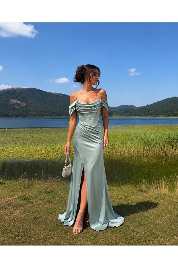 Mint Draped Collar Slim Pearl Detailed Corseted Satin Evening Dress 583418
