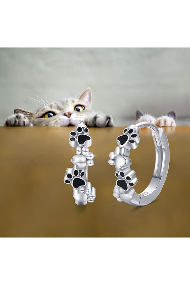 E3710 Huitan Dainty Pet's Paw Hoop Earrings for Women Black Footprints Design Small Circle Earrings
