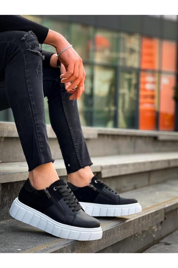 Kb-X155 Kuback Black Skin Black Suede Detailed White High Sole Casual Sports Shoes