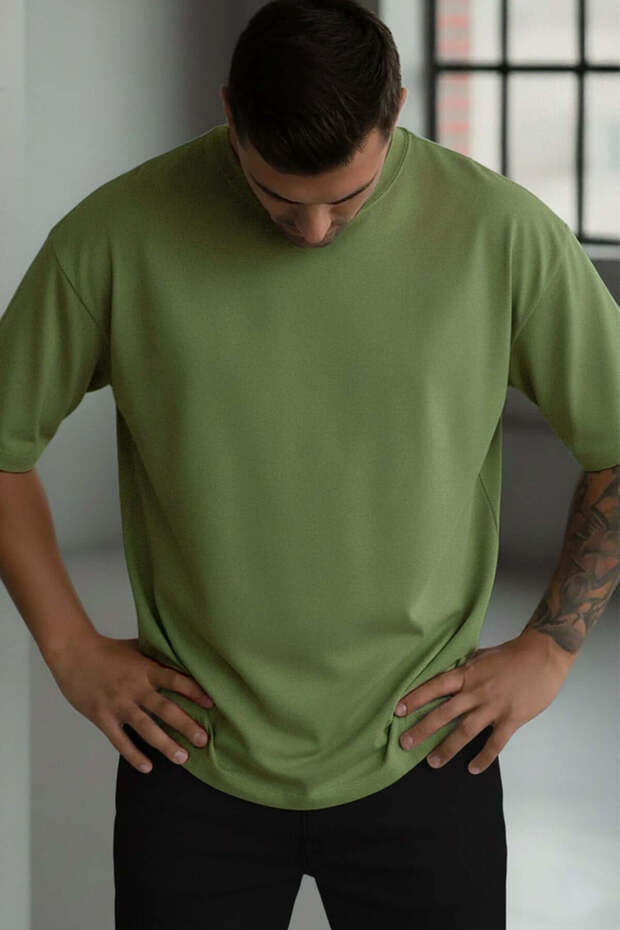 1 Piece Men's Olive Green Basic Plain Unprinted Oversize Salas Loose Fit T-Shirt