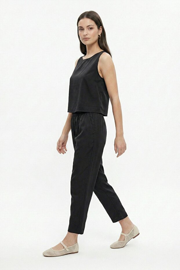 Black 34007 Crew Neck Zero Sleeve Pants Set - 1