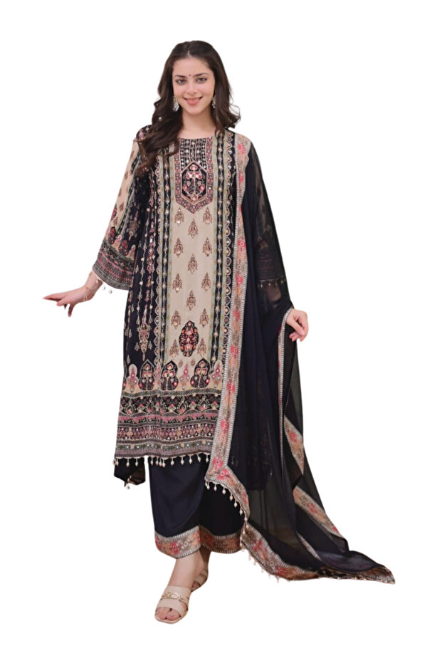 Black Satin Top Bottom & Dupatta - FFT2171 | Black
