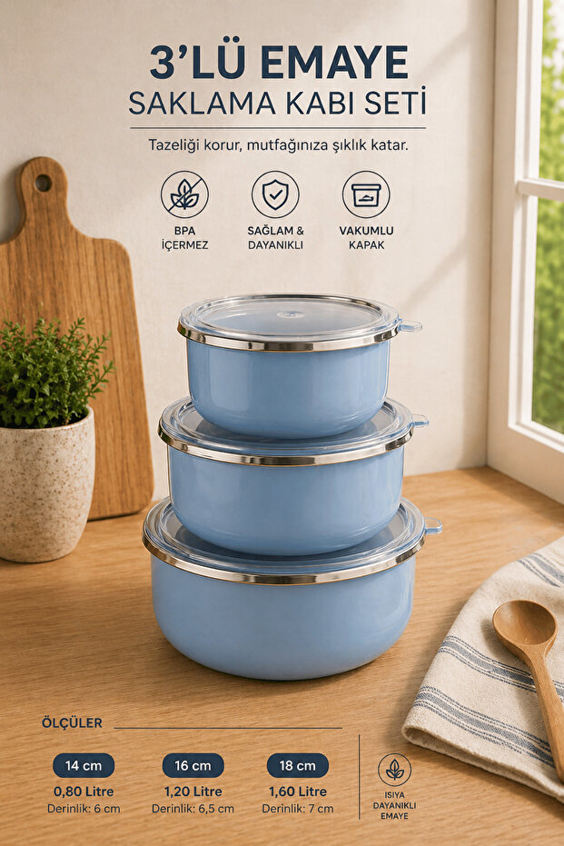 3-Piece Enamel Storage Container Set with Vacuum Lid, Can Be Used on the Stove, Blue, 14-16-18 cm