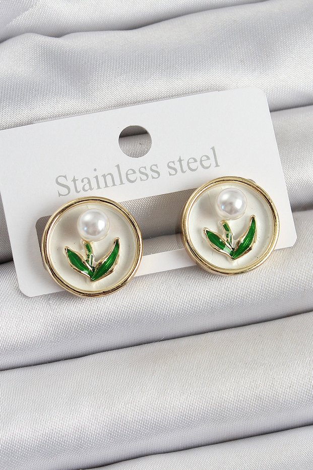 Stylish Brass White Enamel Tulip Figured Artistic Portrait Model Gold Color Women's Earrings Teachers Mothers