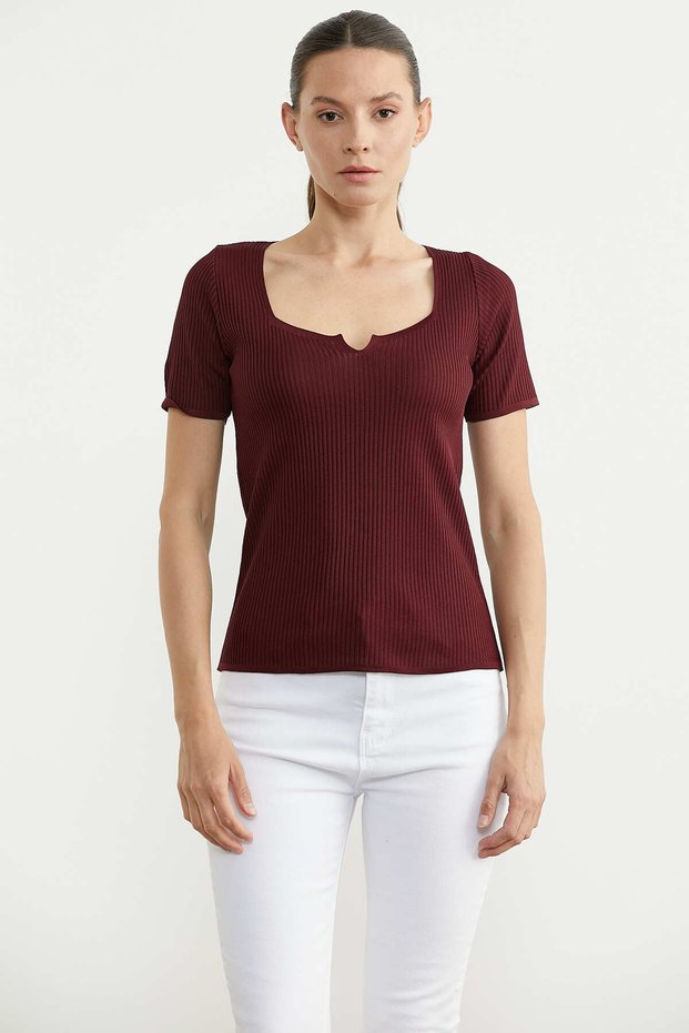 Ribbed Collar Detailed Knitwear T-Shirt - Burgundy