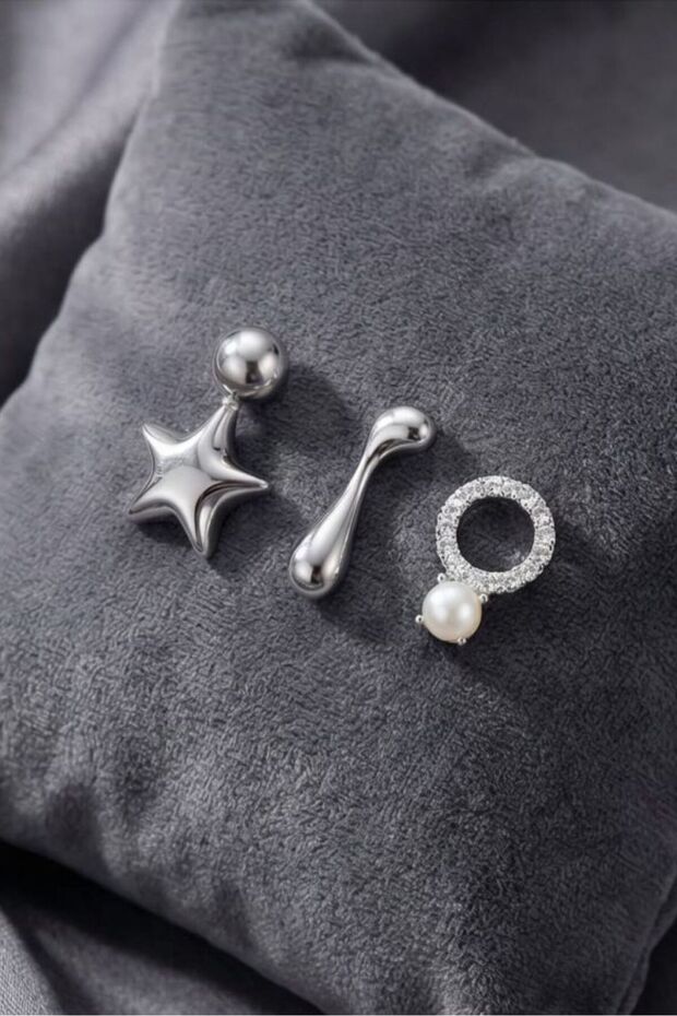 - Nerman 4053 7089 3-Piece Set of Silver-Colored Earrings with Stone and Pearl Details