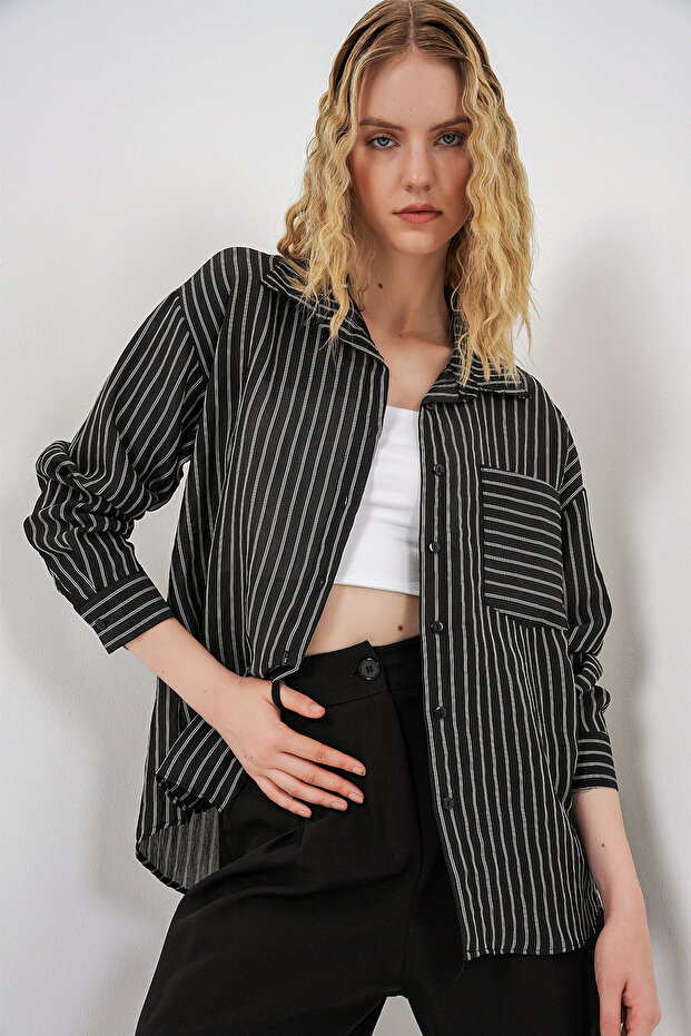 Women's Single Pocket Striped Oversize Shirt 20375 - Black