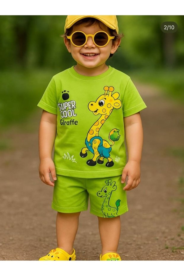 Giraffe Printed Green Summer Shorts Top and Bottom Set Cotton