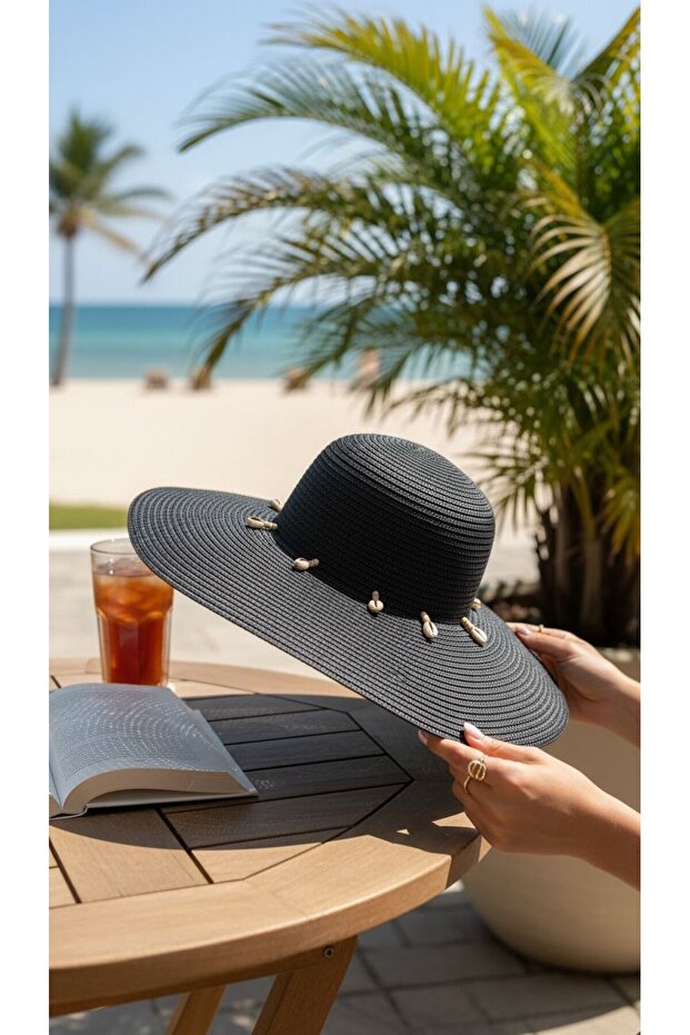 Stone Noir Straw Hat – Wide Brim Beach Hat with Stone Detail