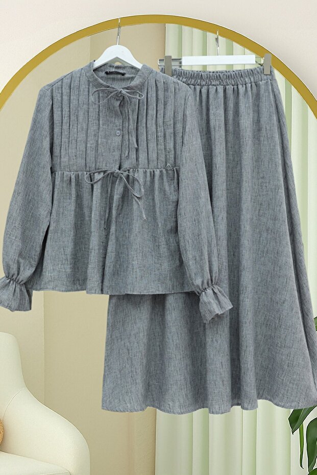 Linen Look Suit with Half Buttoned Sleeves, Elasticated Front, and Tie-Front Skirt - Smoked