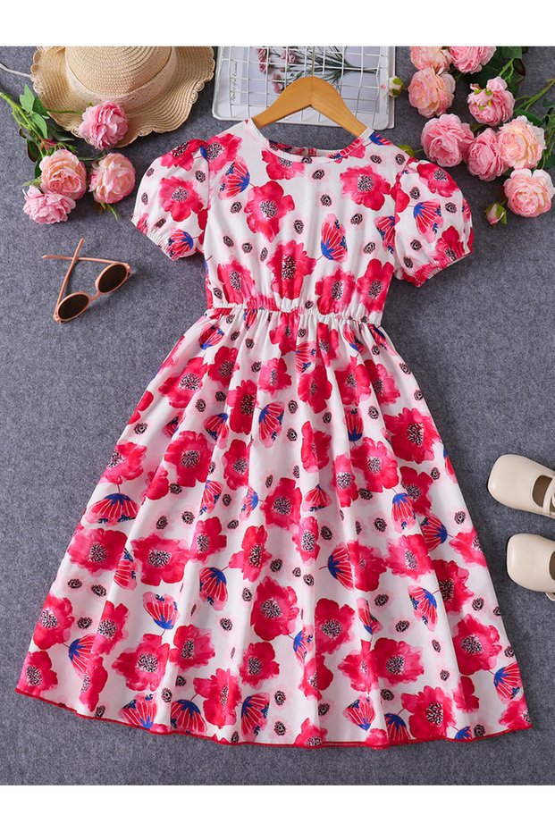 Girls Floral Print Puff Sleeve Dress