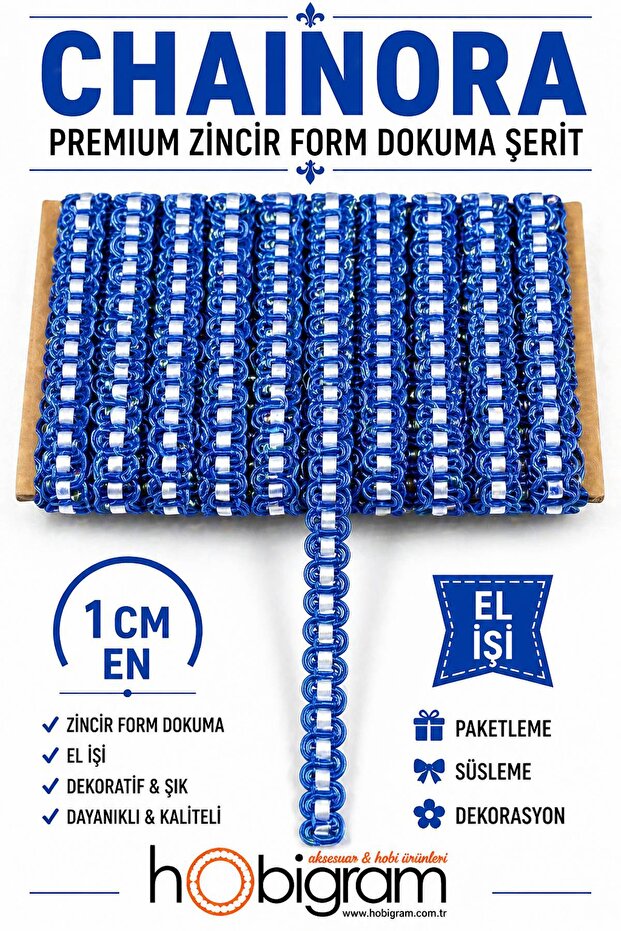 Blue White Chainora Premium Chain Form Woven Decorative Ribbon – 5 Meters