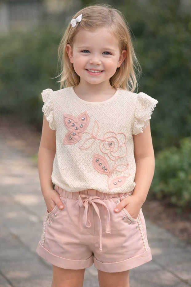 Girl's Rose Embroidery Detailed Blouse Shorts Set