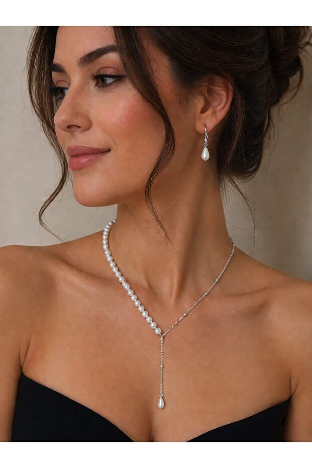 Pearl Drop Model Elegant Chain Y Necklace Earring Set