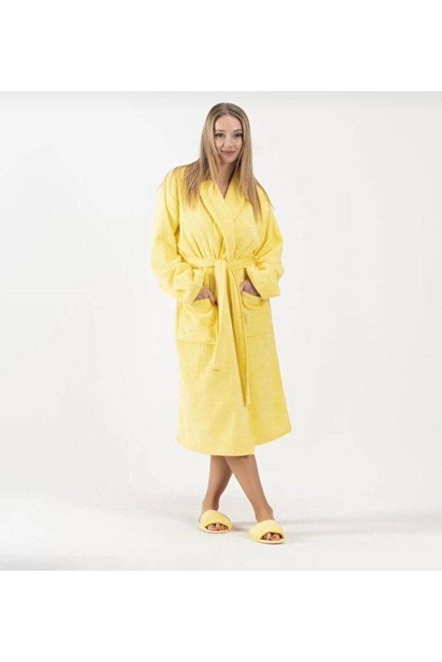This **vibrant yellow cotton bathrobe** is a **highly absorbent, quick-dry spa robe** with **convenient pockets** and a **soft, lightweight fit** for **luxury lounging**.