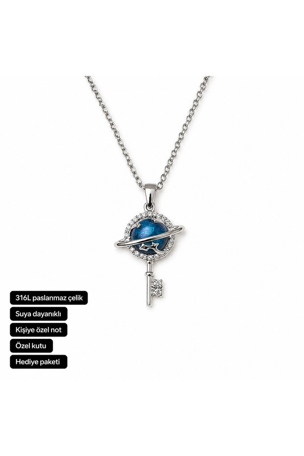 Planet Key Figured Necklace Stainless Steel Blue Gift Jewelry